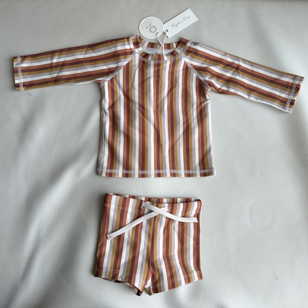 Rylee + Cru Brown and White Striped Kids Swim Rashguard